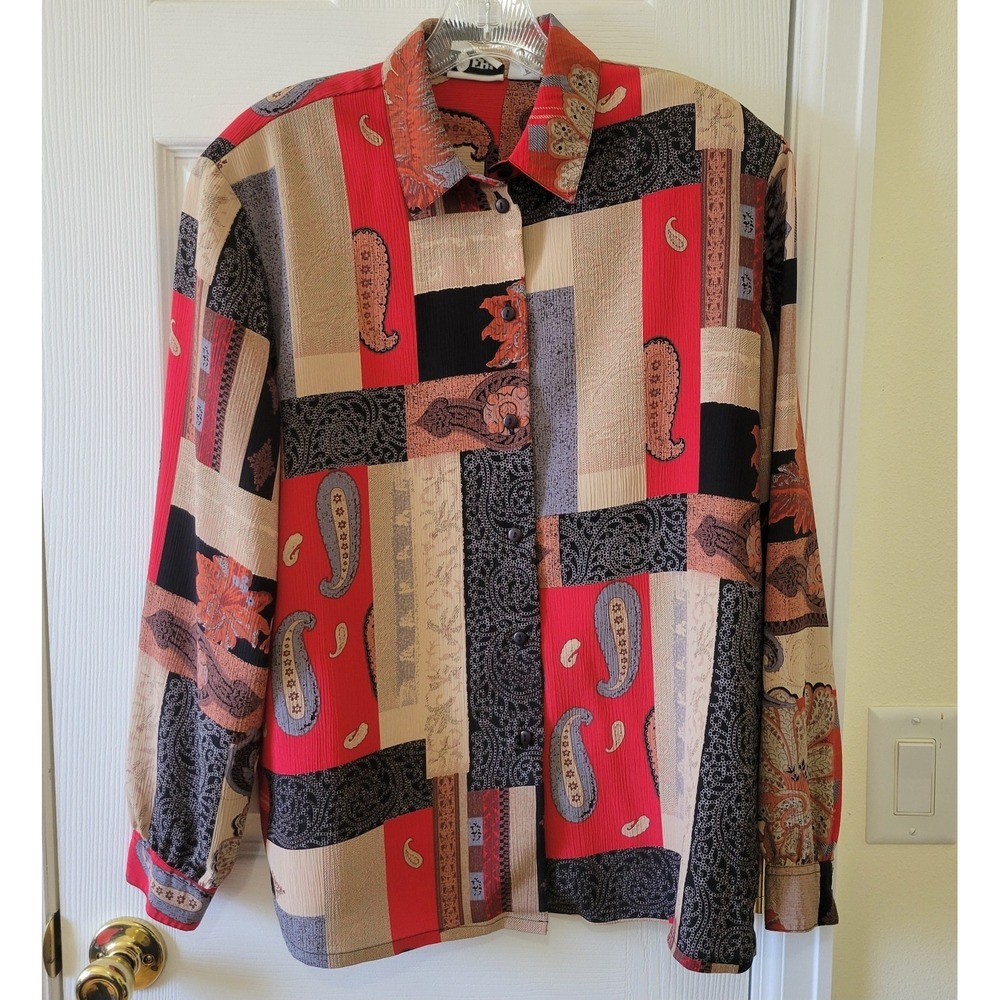 Vtg Blouse EHL Sz 12 Button Up Multi Print Colorful Patchwork Longsleeve Shirt